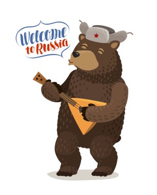 Funny Russian bear in cap with earflaps plays balalaika. Welcome to Russia, lettering vector illustration clipart