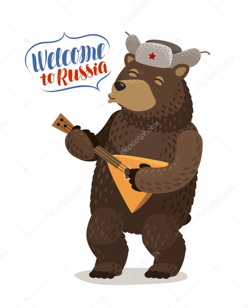Vettoriale stockDivertente orso russo in berretto con paraorecchie gioca  balalaika. Benvenuti in Russia, illustrazione vettoriale lettering di  ©sergeypykhonin #184961864, image size:825x1023