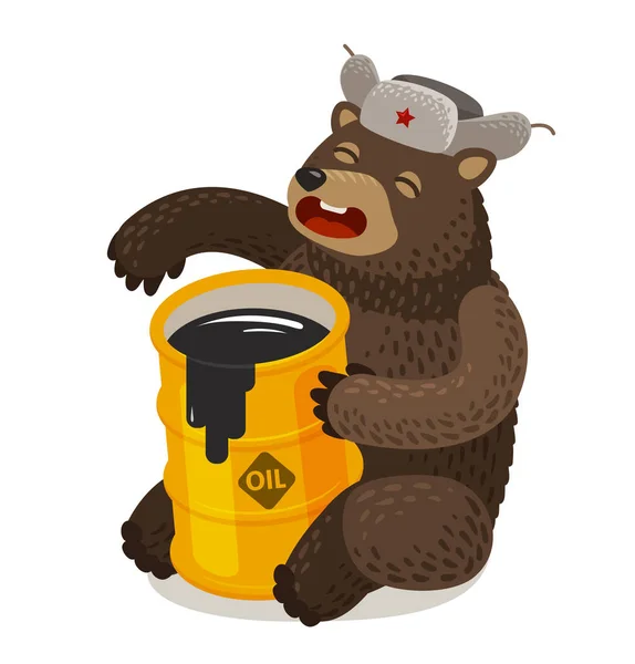 Funny Russian bear with barrel of oil. Cartoon vector illustration — Stock Vector