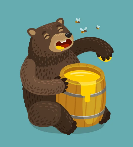 Joyeux ours mange du fût de miel sucré. Illustration vectorielle de bande dessinée — Image vectorielle