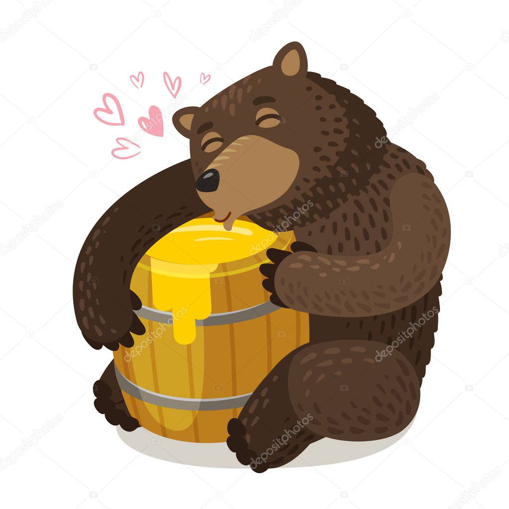 Happy bear hugs wooden barrel of honey. Cartoon vector illustration