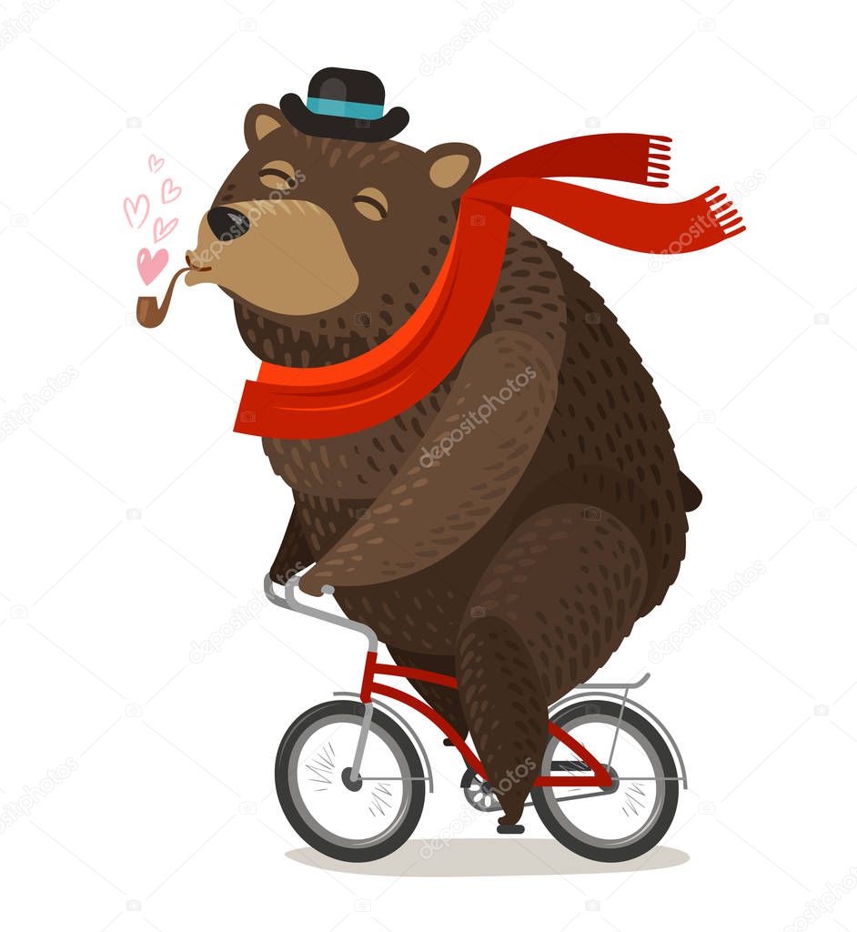 Happy bear riding bike. Pleasure trip concept. Cartoon vector illustration