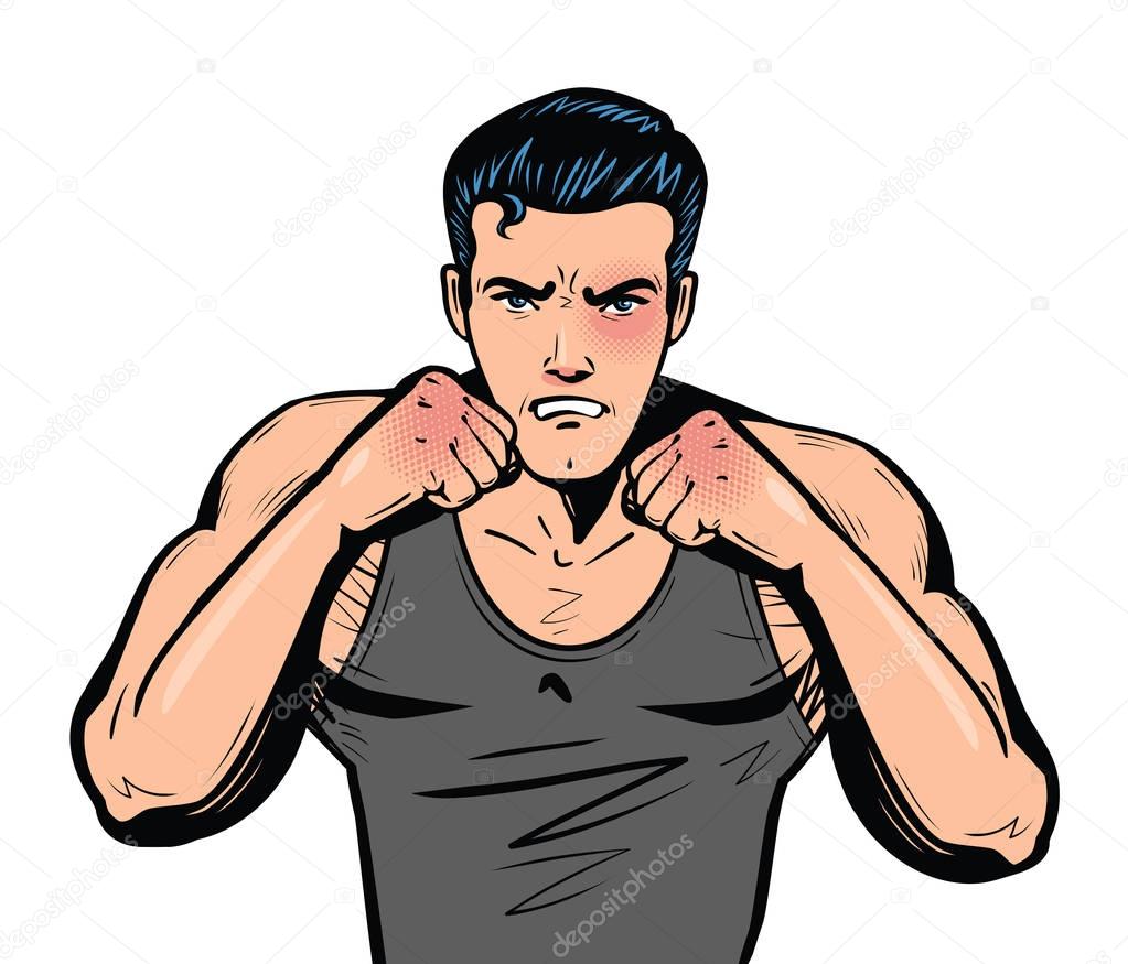 Fighter with fists. Fight club, combat, fighting or boxing in pop art retro comic style. Cartoon vector illustration