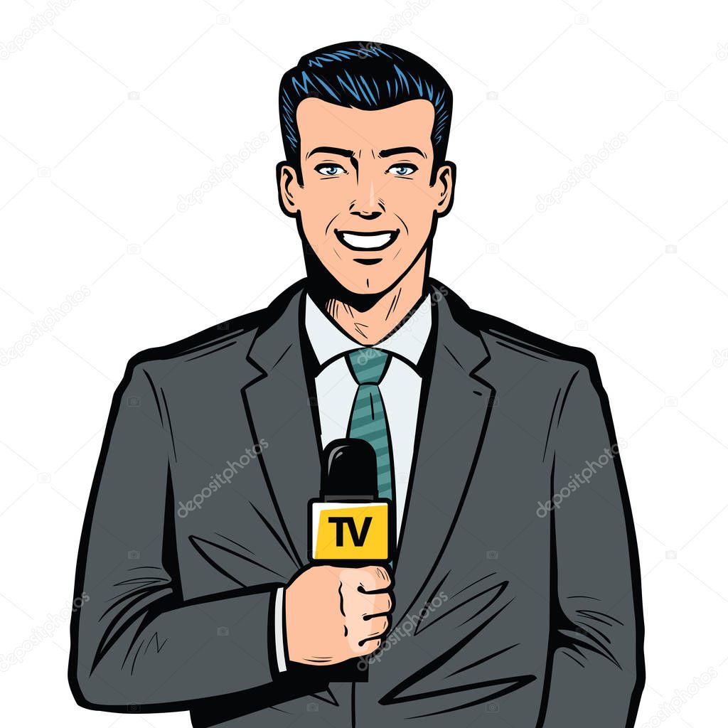 TV presenter with microphone in hand. Breaking news, broadcast concept. Pop art retro vector illustration
