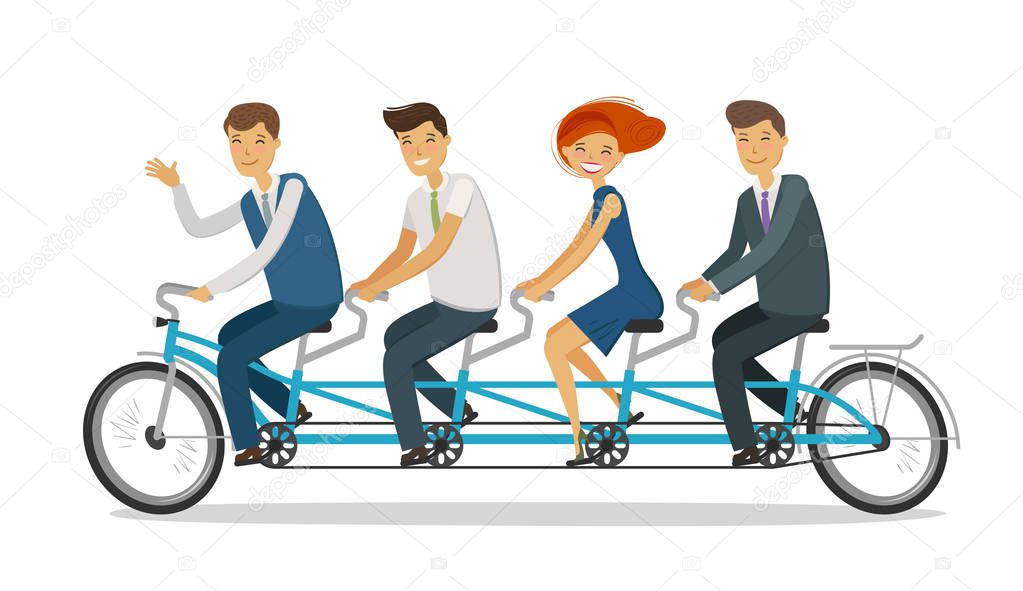 Teamwork concept. Business people or students riding tandem bike. Cartoon vector illustration