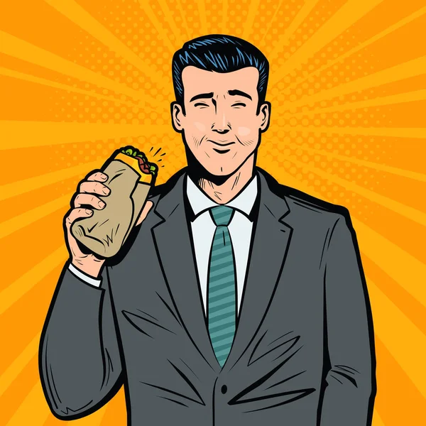 Un homme d'affaires qui mange un délicieux sandwich. Pause déjeuner, concept fast food. Illustration vectorielle rétro Pop art — Image vectorielle