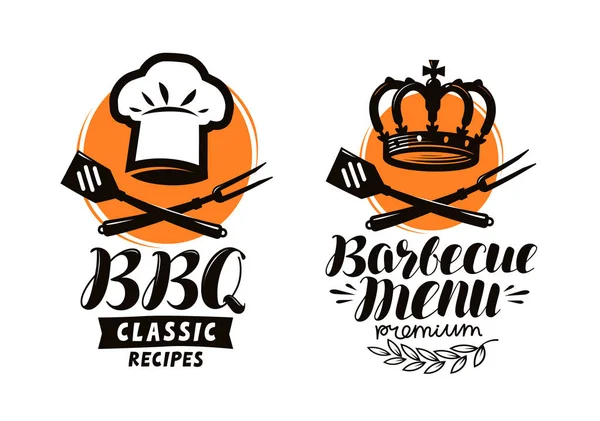 BBQ, logo grilu nebo štítek. Prvek návrhu jídelního lístku restaurace. Obrázek vektoru potravy — Stockový vektor