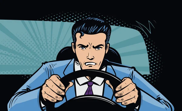 Aggressive driver behind the wheel of car. Race, pursuit in pop art retro comic style. Cartoon vector illustration — Stock Vector