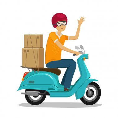 Hızlı teslimat, hızlı sevkiyat kavramı. Mutlu kurye scooter veya Motosiklet sürmek. Çizgi film vektör çizim