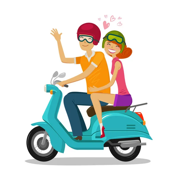 Liefdevolle paar paardrijden scooter. Reis, reizen concept. Cartoon vectorillustratie — Stockvector