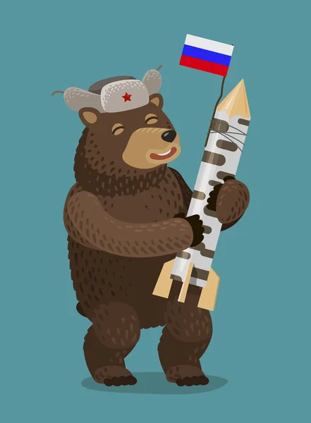 Feliz oso sosteniendo cohetes o misiles nucleares en sus patas. Rusia, concepto de Moscú. Dibujos animados vector ilustración — Vector de stock