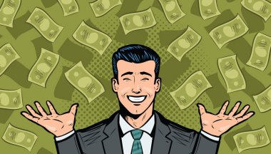 Başarılı bir iş adamı ve dolar. Zenginlik, kazanan, başarı ya da kazanç kavramı. Pop sanat retro çizgi roman tarzı, vektör çizim karikatür