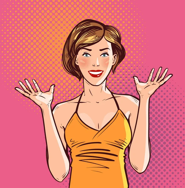 Chica hermosa feliz o mujer joven. Arte pop estilo cómic retro. Dibujos animados vector ilustración — Archivo Imágenes Vectoriales