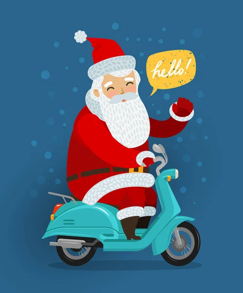 Gioioso Babbo Natale cavalca uno scooter retrò. Natale o nuovo concetto di anno. Illustrazione vettoriale cartone animato — Vettoriale Stock