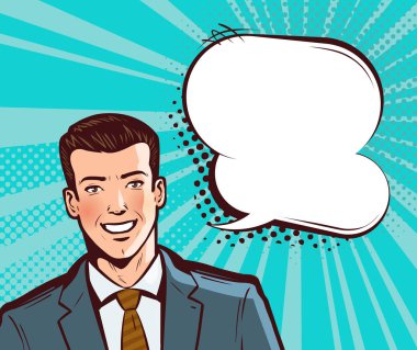 Takım elbise konuşmaktan işadamı veya genç adam. Pop sanat retro çizgi roman tarzı iş kavramı. Çizgi film vektör çizim