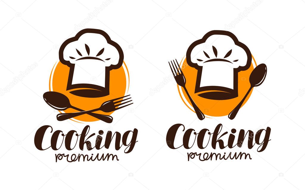 Cooking logo or label. Emblem for restaurant or cafe menu design. Lettering vector illustration