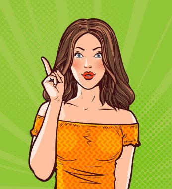 Güzel kız ya da parmağı olan kadın. Pin-up konsepti. Pop art retro çizgi roman tarzı. Çizgi film vektör çizim