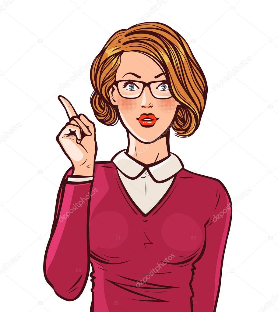 Beautiful girl or young woman with index finger. Pin-up, business concept. Pop art retro comic style. Cartoon vector illustration