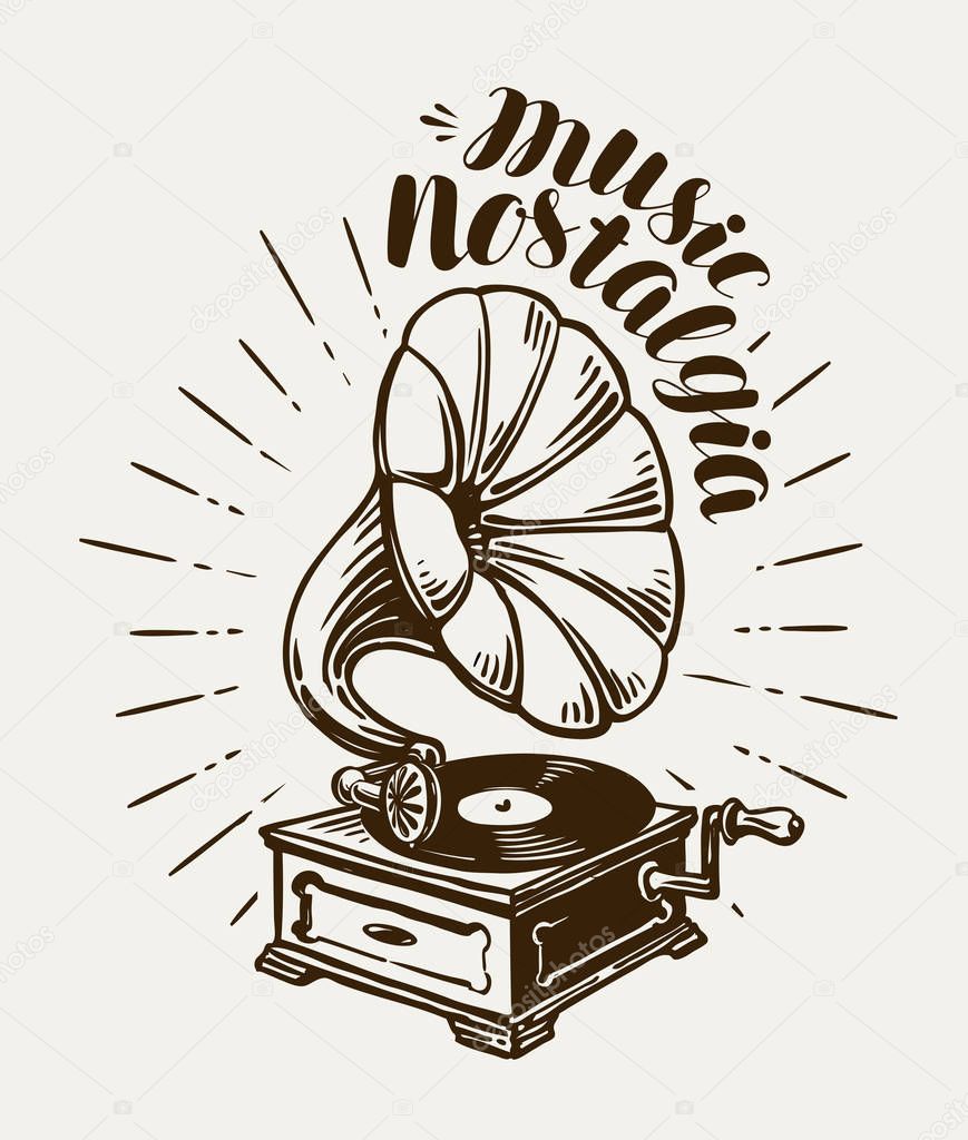Gramophone, phonograph, record-player sketch. Music concept. Lettering vector illustration