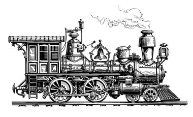 Retro Buhar lokomotif, tren. Vintage sketch vektör çizim