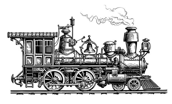 Retro steam locomotive, train. Vintage sketch vector illustration