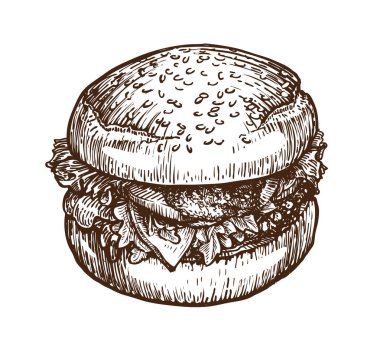 Hamburger, hamburger kroki. Fast food kavramı. Çizilmiş vektör çizim