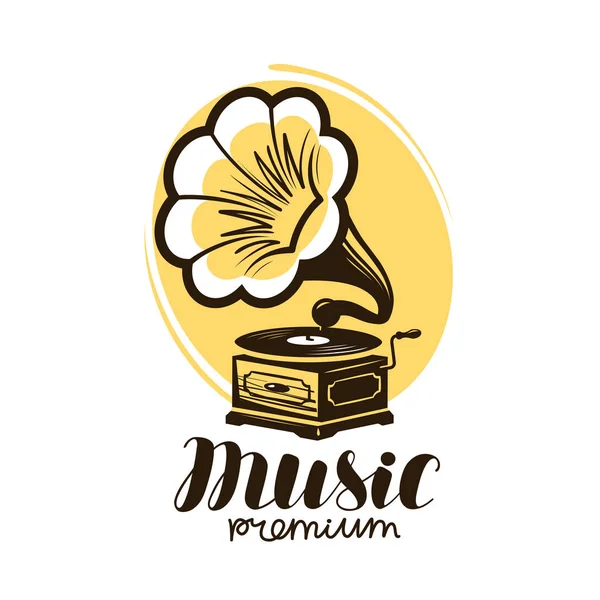 Logo o etiqueta musical. Gramófono retro, símbolo del fonógrafo. Ilustración vectorial — Vector de stock