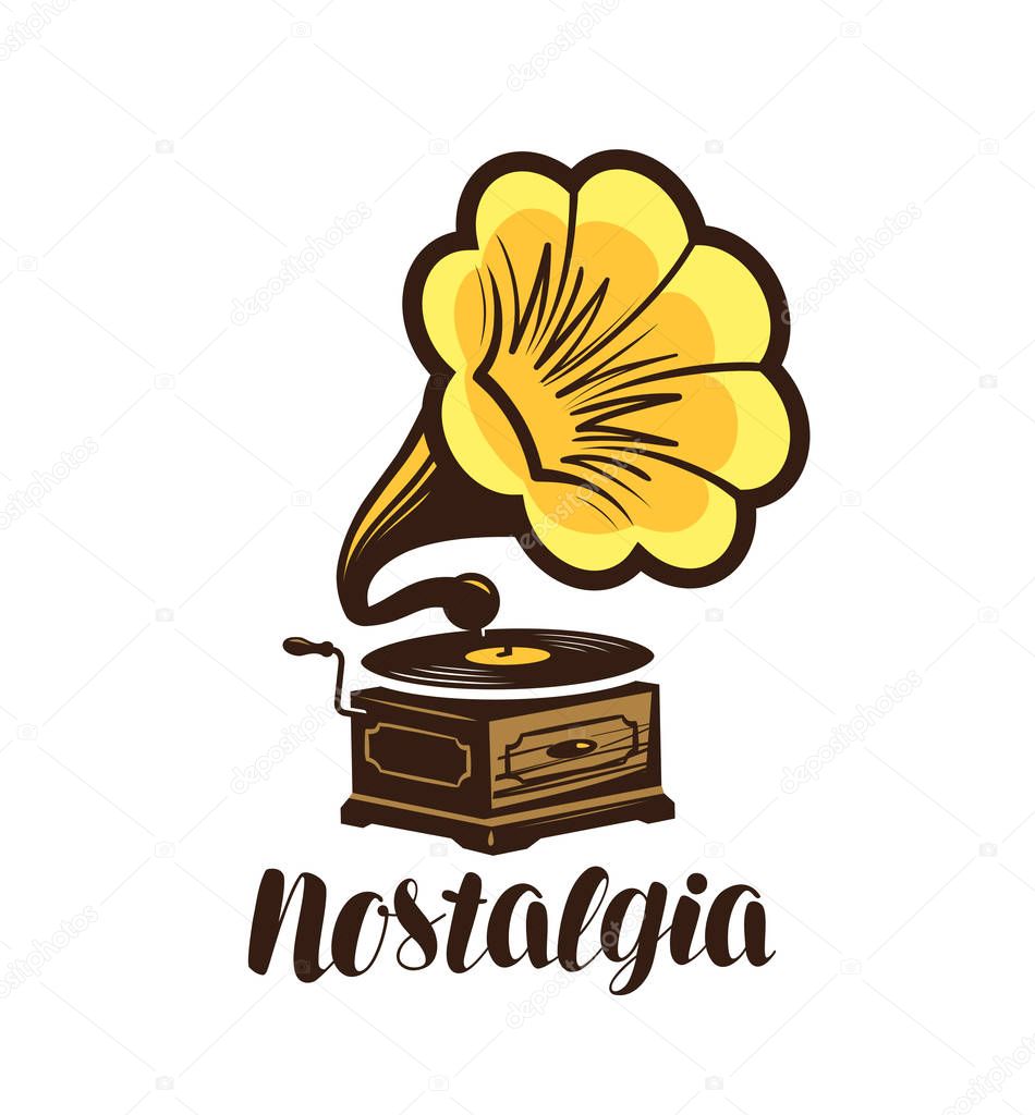 Nostalgia, music logo or symbol. Gramophone, phonograph icon. Vector illustration