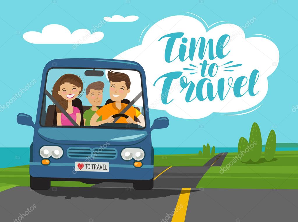 Time to travel, concept. Happy family rides car on journey. Cartoon vector illustration