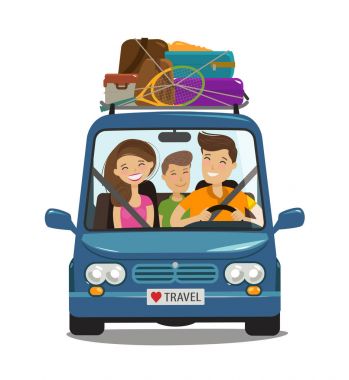 Seyahat, yolculuk kavramı. Mutlu aile minibüste rides. Çizgi film vektör çizim