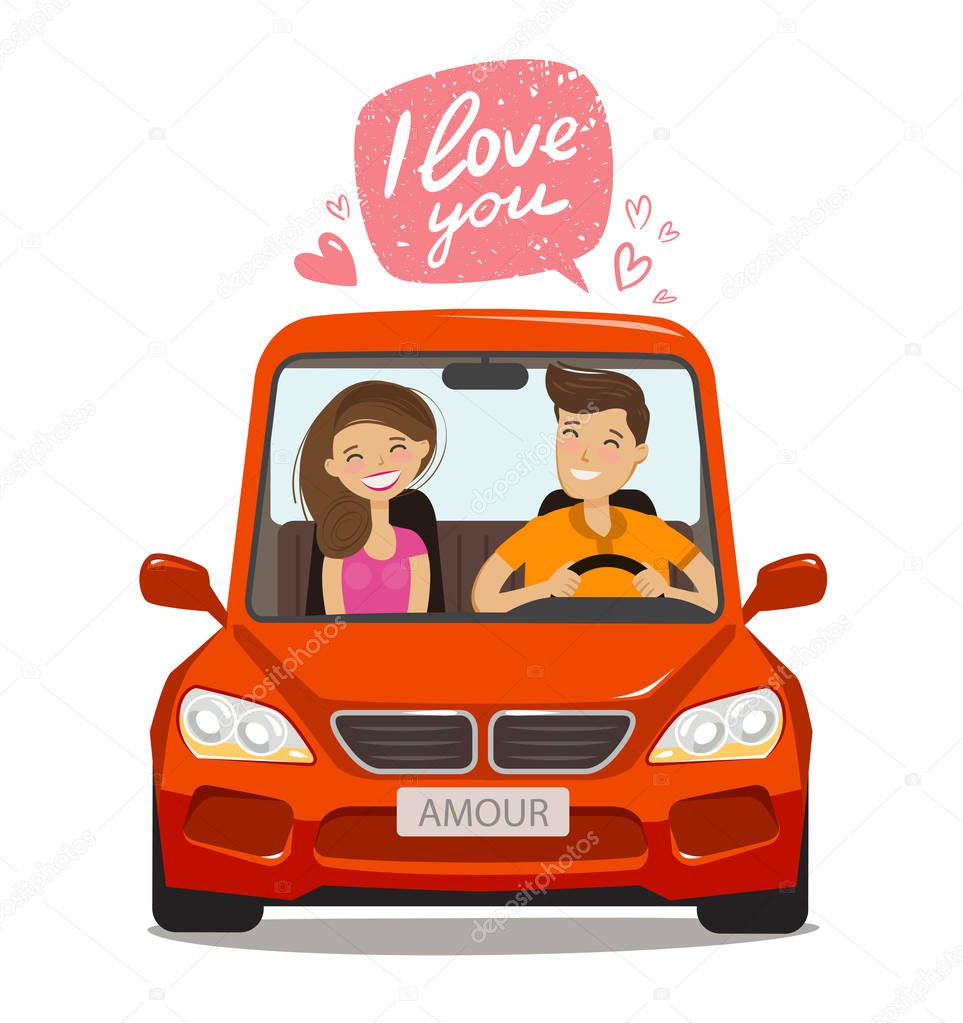 Loving couple riding on car. Love concept. Cartoon vector illustration