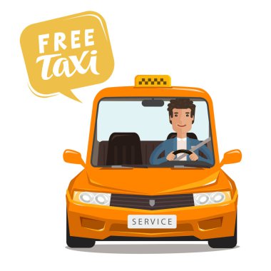 Free taxi, concept. Happy driver rides a car. Cartoon vector illustration clipart