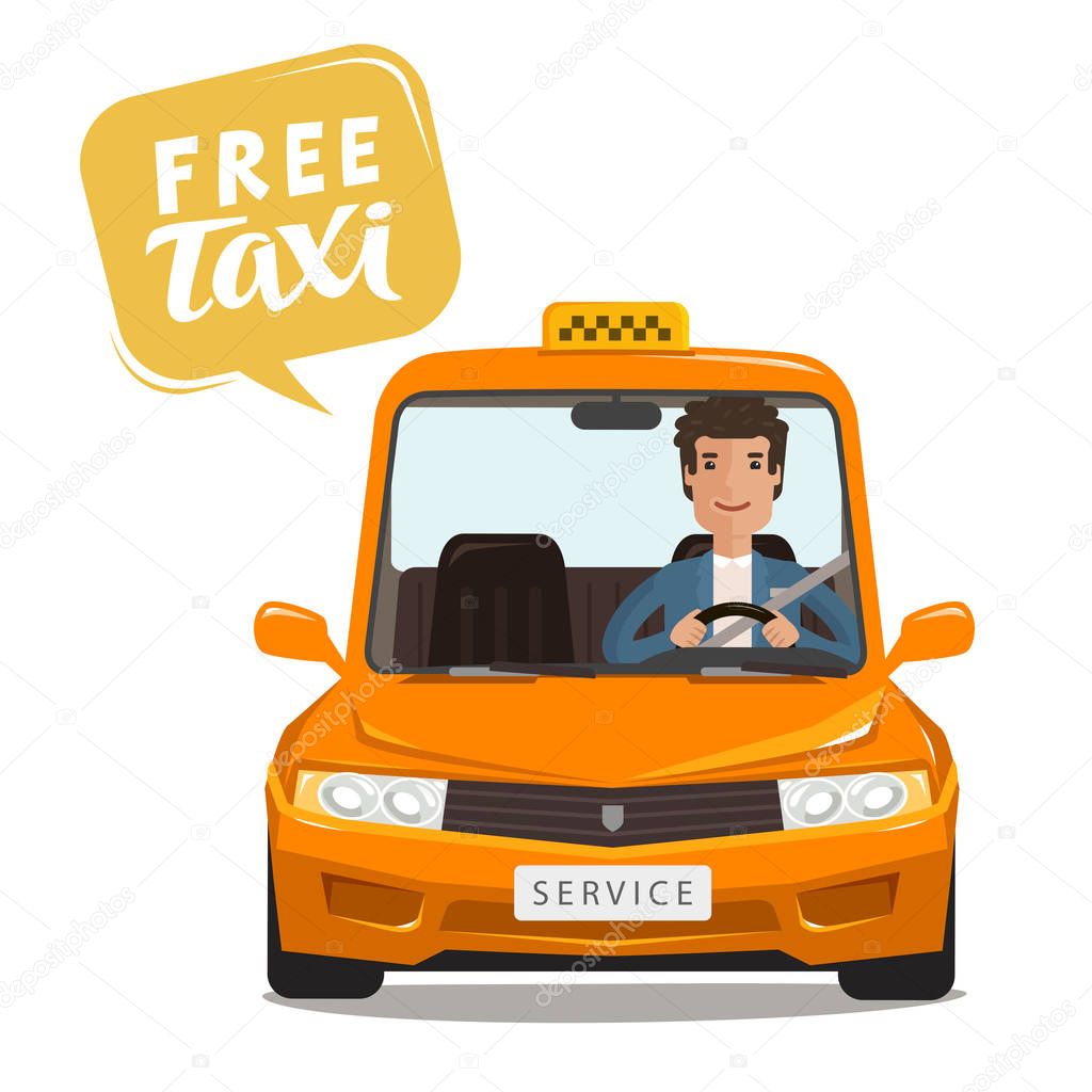 Free taxi, concept. Happy driver rides a car. Cartoon vector illustration