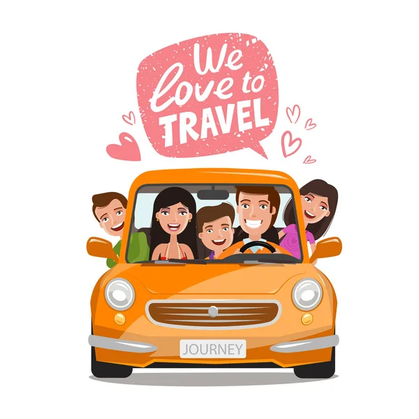 Viagem, conceito de viagem. Família feliz viajando de carro. Desenhos animados ilustração vetorial — Vetor de Stock