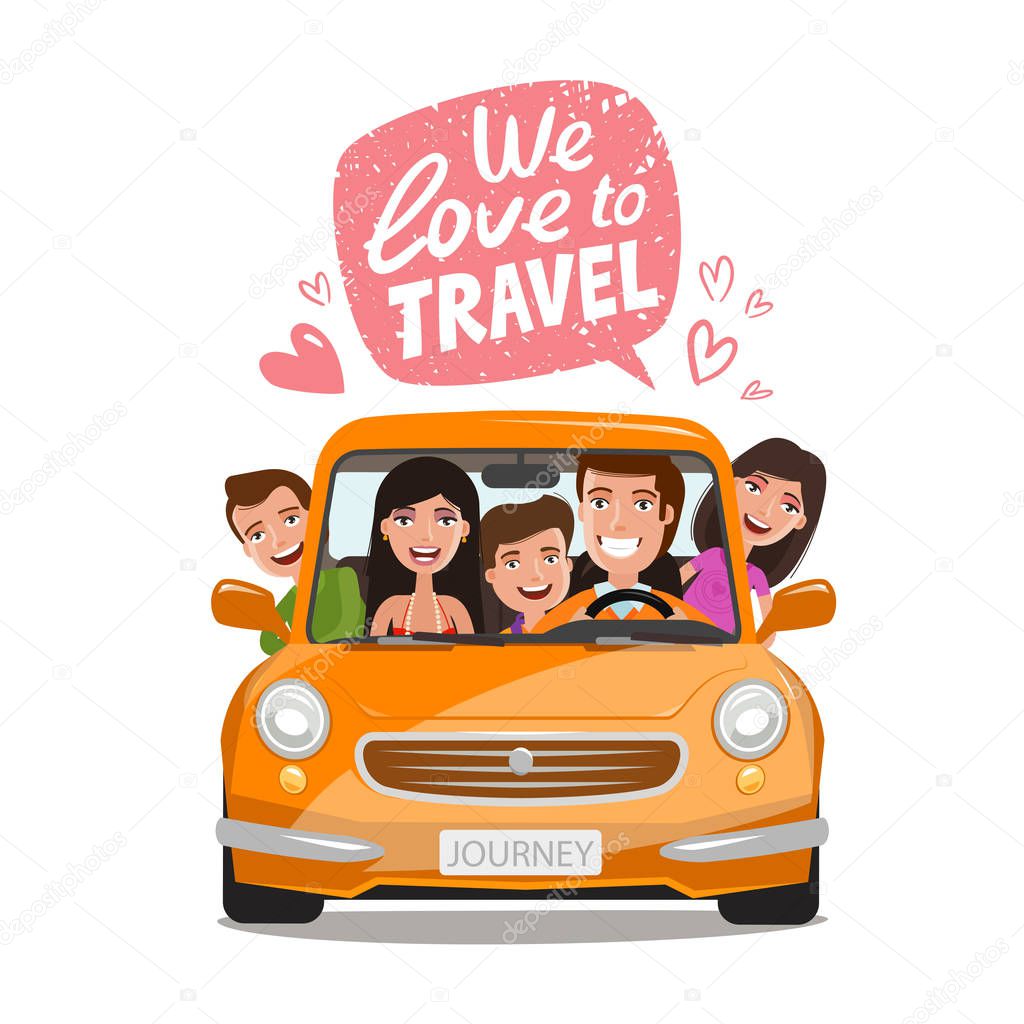 Travel, journey concept. Happy family traveling by car. Cartoon vector illustration