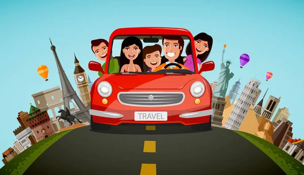 Lycklig familj rides i bil på semester. Resa, travel koncept. Tecknade vektorillustration — Stock vektor