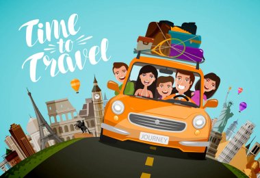 Yolculuk, seyahat kavramı. Mutlu bir aile ile tatile arabaya gidiyor. Çizgi film vektör çizim