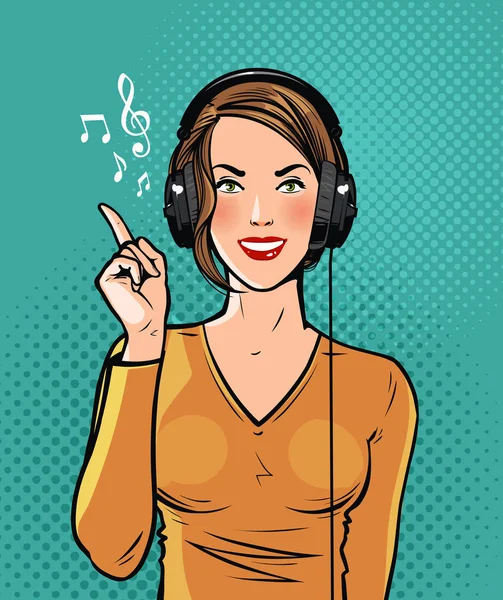 Menina bonita em fones de ouvido ouvir música. Pop art estilo cómico retrô. Desenhos animados ilustração vetorial — Vetor de Stock