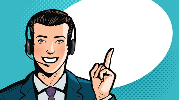 Man in pak of zakenman met headset zegt. Call center, ondersteuning, dienstverleningsconcept. Cartoon vectorillustratie — Stockvector