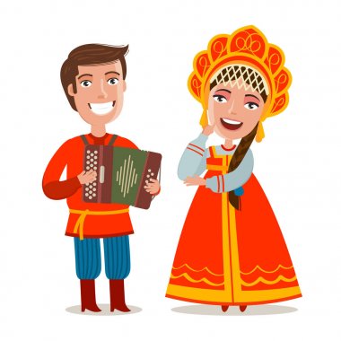 Happy russian people in traditional national costumes. Russia, Moscow concept. Cartoon vector illustration clipart