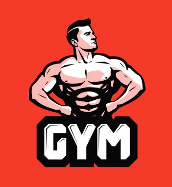 Spor Salonu, bodybuilding logo veya etiket. Büyük kas güçlü adam. Vektör çizim