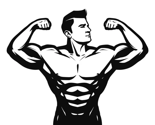 Gimnasio, deporte, culturismo logotipo o etiqueta. Un hombre fuerte con grandes músculos. Ilustración vectorial — Vector de stock