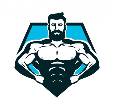 Spor Salonu, bodybuilding logo veya etiket. Büyük kas güçlü adam. Vektör çizim