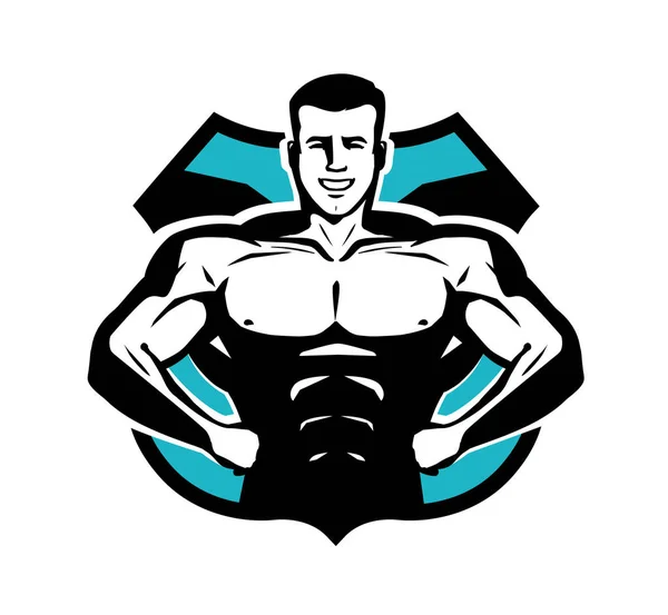 Gym, bodybuilding, sport logotyp eller etikett. Glad bodybuilder med muskulös kropp. Vektorillustration — Stock vektor