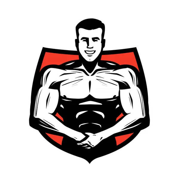 Gym, sport logotyp eller etikett. Bodybuilder muskler vektor illustration — Stock vektor