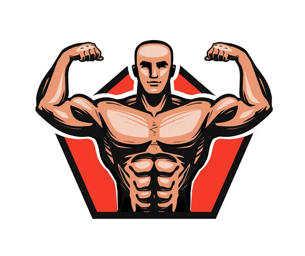 Gym, bodybuilding, fitness logotyp eller etikett. Muskel man eller bodybuilder. Vektorillustration — Stock vektor