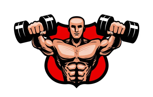 Palestra, bodybuilding, logo o etichetta sportiva. Bodybuilder solleva pesanti mani manubri. Illustrazione vettoriale — Vettoriale Stock