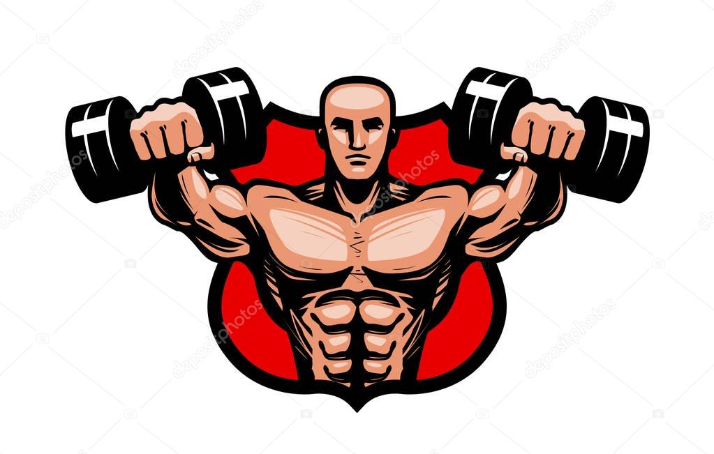 Gym, bodybuilding, sport logo or label. Bodybuilder lifts heavy dumbbells hands. Vector illustration