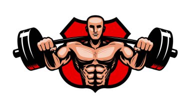 Spor Salonu, bodybuilding, spor logo veya etiket. Ellerinde ağır barbell ile vücut geliştiricisi. Vektör çizim