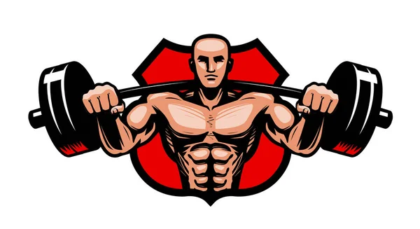 Spor Salonu, bodybuilding, spor logo veya etiket. Ellerinde ağır barbell ile vücut geliştiricisi. Vektör çizim — Stok Vektör